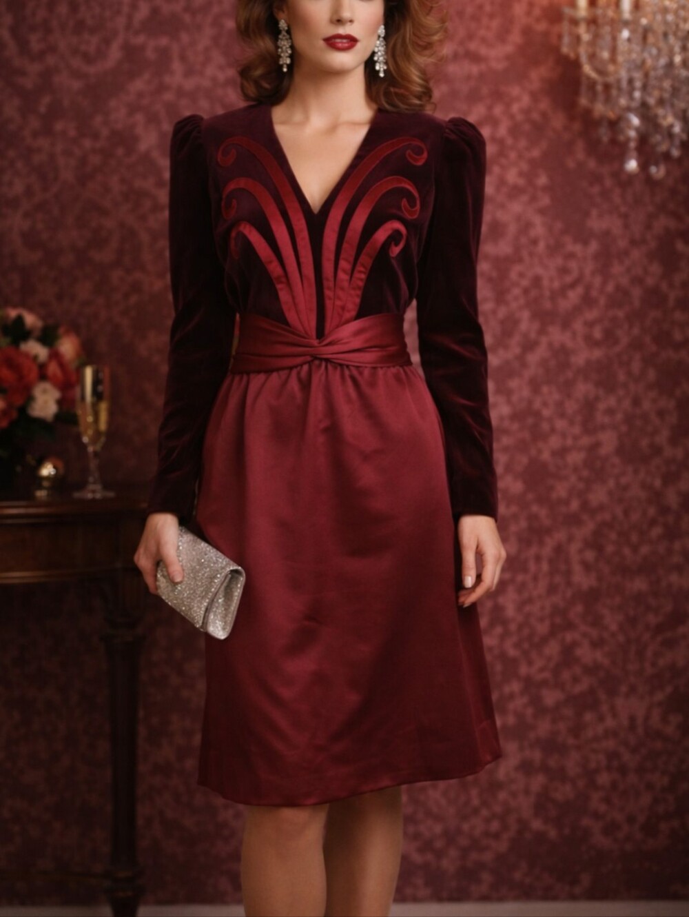 Victor Costa Vintage 80s 90s Burgundy Velvet & Satin Formal Party Prom Dress 14